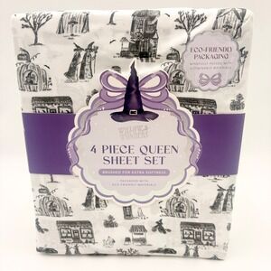 Willow Wonders Halloween Queen Sheet Set 4pc Witches Haunted House White Purple